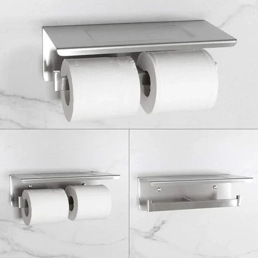 Bathroom Toilet Paper Holder with Shelf, Stainless Steel Double Roll Toilet Tissue Holder Dual Wall Mounted for Mobile Phone Storage, Brushed Finish - ModernBath