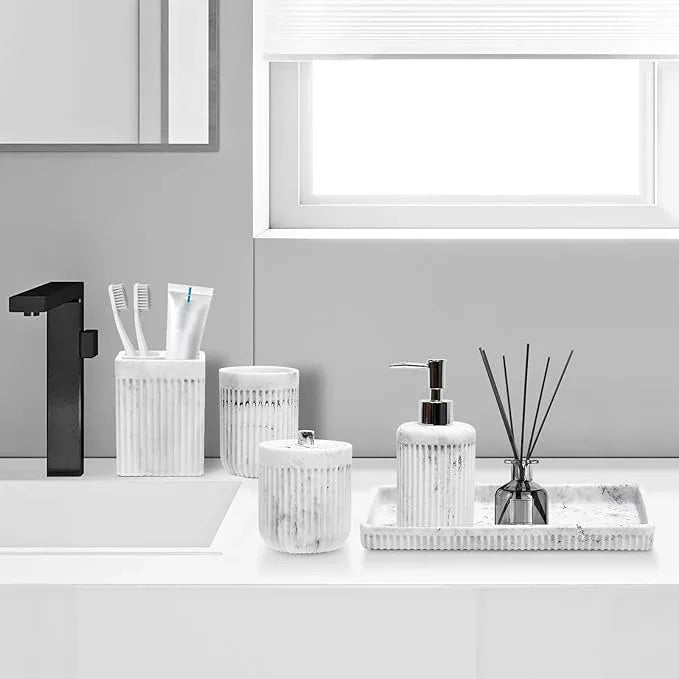 XLHOMO Resin White Marble Bathroom Accessories Set 5 Pcs, Lotion Soap Dispenser, Toothbrush Holder, Bathroom Tumbler, Qtip Holder and Vanity Tray, Bathroom Countertop Organizer Set for Home Apartment - ModernBath