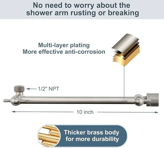 BRIGHT SHOWERS Brass Shower Head Extension Arm for Rain and Handheld Shower Head, 10 Inch Universal Shower Arm Extender, Height & Angle Adjustable, Brushed Nickel - ModernBath
