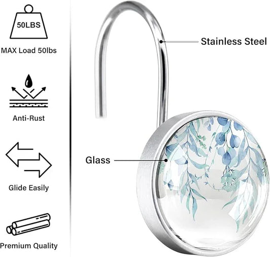 12 Pcs Spa Blue Eucalyptus Shower Curtain Hooks - Decorative Shower Curtain Hooks Rings Set - Farmhouse Stainless Steel Round Resin Shower Rings Hangers for Summer Bathroom Rods Decor - ModernBath