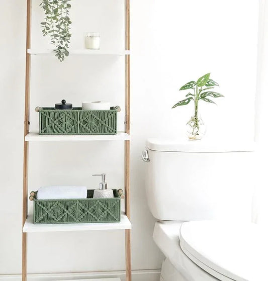 Mkono Macrame Storage Baskets Boho Decor Box Handmade Woven Decorative Countertop Toilet Tank Shelf Cabinet Organizer for Bedroom Livingroom Home, Set of 2, Green - ModernBath