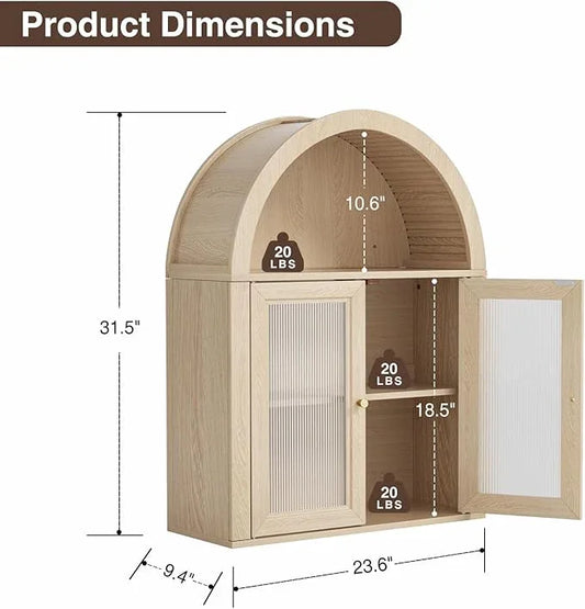 Arched Bathroom Cabinet, Wall Mounted Bathroom Cabinet with Tempered Glass Doors and Adjustable Shelf, for Kitchen, Living Room, Laundry Room, Restroom, Oak - ModernBath