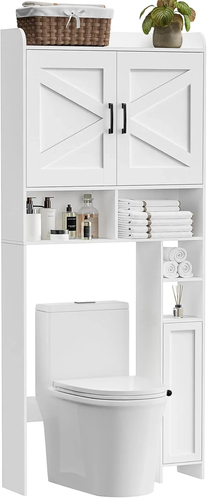 Homhedy Over The Toilet Storage Cabinet with 2 Barn Door and Toilet Paper Holder Stand, FreeStanding Toilet Shelf Space Saver, for Bathroom, Restroom, Laundry, White - ModernBath