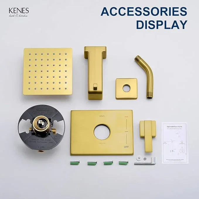KENES Brushed Gold Tub and Shower Trim Kit, Square Tub Shower Faucet Set Complete with 6-Inch Rainfall Shower Head and Tub Spout, KE-6025A-4 (Shower Valve Included) - ModernBath