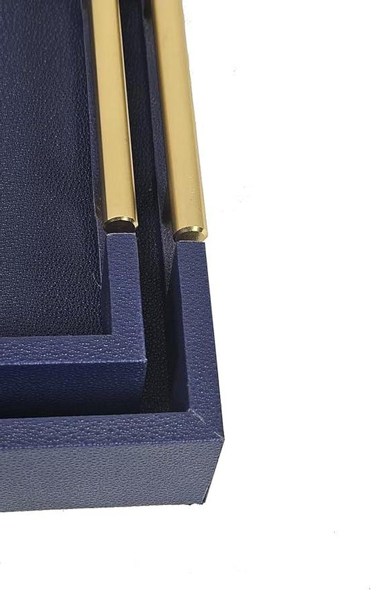 Set of 2 Wood Serving Tray with Gold Polished Metal Handles, Home Decorative Wooden Rectangle Ottoman Leather Decor Platter Bathroom Vanity Tray for All Occasions (Blue) - ModernBath