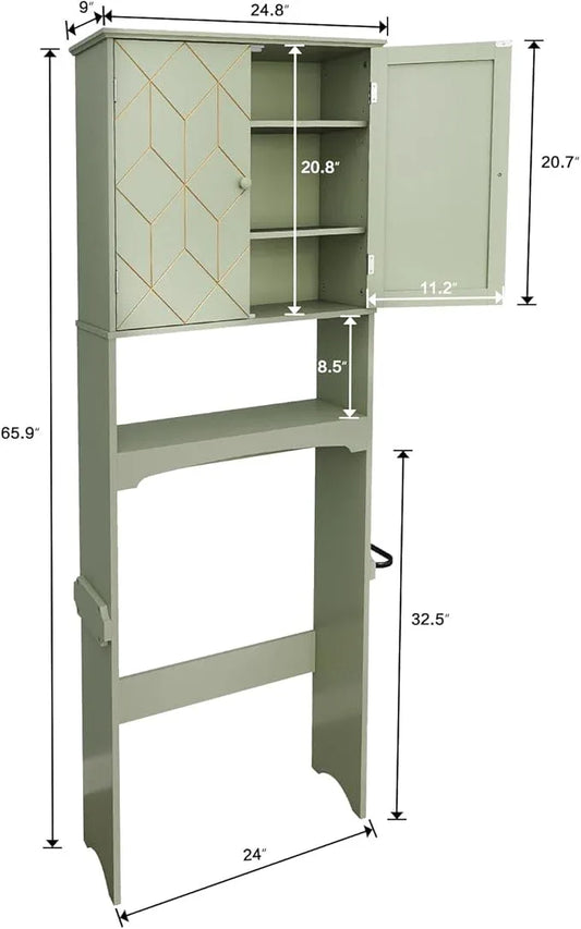 HLR Over The Toilet Storage Cabinet with Gold Trim, Over Toilet Bathroom Organizer with Adjustable Shelves and Toilet Paper Holder, Above Toilet Storage Cabinet Spacesaver for Bathroom (Green) - ModernBath