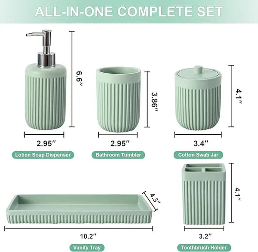 XLHOMO Resin Light Green Bathroom Accessories Set 5 Pcs, Lotion Soap Dispenser, Toothbrush Holder, Bathroom Tumbler, Qtip Holder and Vanity Tray, Bathroom Countertop Organizer Set for Modern Apartment - ModernBath