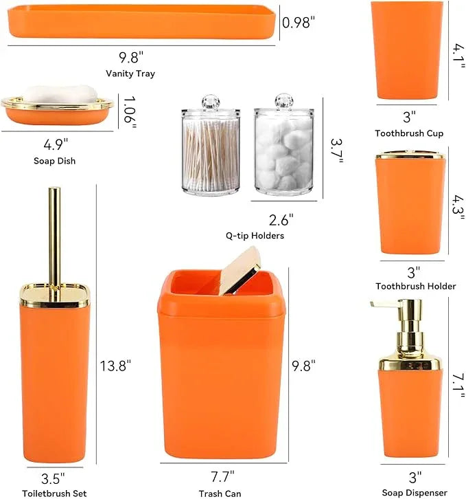XLHOMO Orange Bathroom Accessories Set, Orange and Gold Bathroom Accessories with Trash Can, Soap Dispenser, Soap Dish, Toothbrush Holder and Q-tip Holders - ModernBath