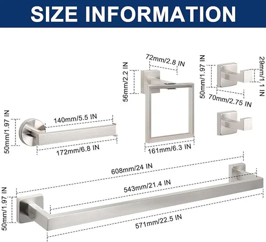 NearMoon 5 Pieces Bathroom Hardware Set 304 Stainless Steel, Square Towel Rack Kit - 24" Towel Rod + Towel Ring + Toilet Paper Holder + 2 Robe Hooks, Wall Mounted Bath Accessories (Brushed Nickel) - ModernBath