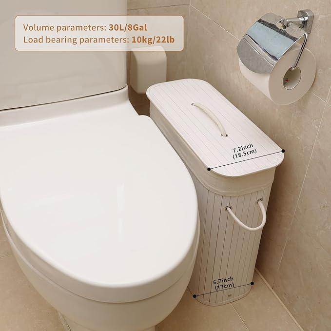 Bamboo Toilet Paper Storage with Lid & Handel, 8 Gallons (30L), Sturdy Toilet Paper Basket, Organizer for Bathroom, Kitchen, Holder with Storage, White - ModernBath