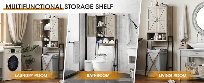 Vabches Over The Toilet Storage Cabinet with 2-Door Design Bathroom Organizers and Storage with Anti-Tip Device Over Toilet Organizer with Shelves for Bathroom,Restroom,Laundry Grey - ModernBath