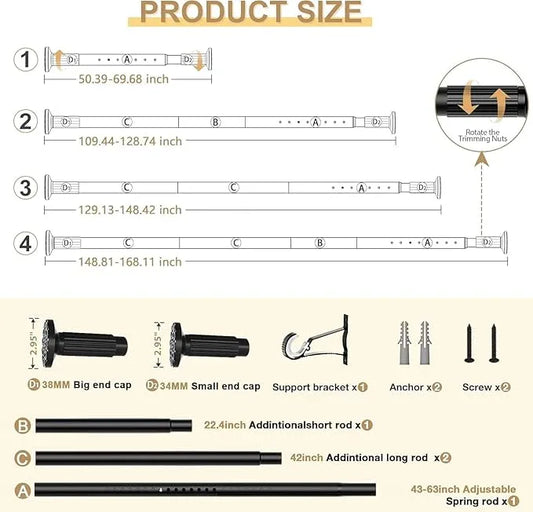 ZipGlo Tension Curtain Rod 51-168inches,Black Heavy Duty Curtain Rods No Drilling,Shower Curtain Rods Spring Tension Long Outdoor Curtain Rod for Bathroom,Patio - ModernBath