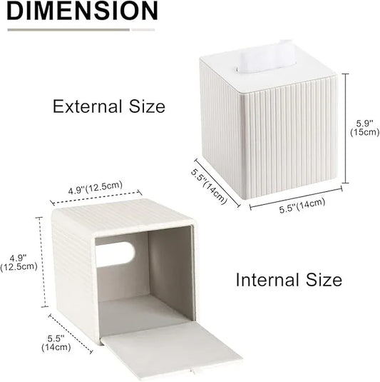 KINGFOM Square Pu Leather Tissue Box Cover, Modern Facial Tissue Holder, Roll Tissues Paper Case Dispenser for Bathroom Vanity Countertop, Night Stands, Office Desk (Off-White Strips) - ModernBath