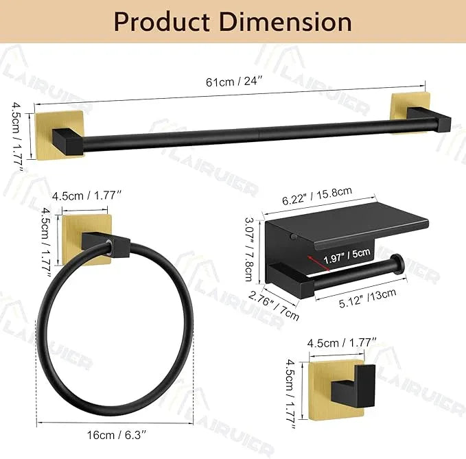 5-Piece Bathroom Hardware Set Black Gold Bathroom Hardware Accessories Set Upgraded Toilet Paper Holder with Shelf Towel Holder Set for Bathroom Stainless Steel Wall Mounted - ModernBath