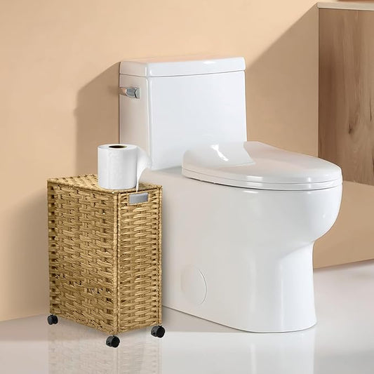 Hiagnete Toilet Paper Storage Basket with Lid and Wheels, Rattan Toilet Paper Holder Storage, Toilet Paper Organizer for Bathroom, Bedroom, Kitchen, 12.6”L x 7.1”W x 17.14”H, Naturall