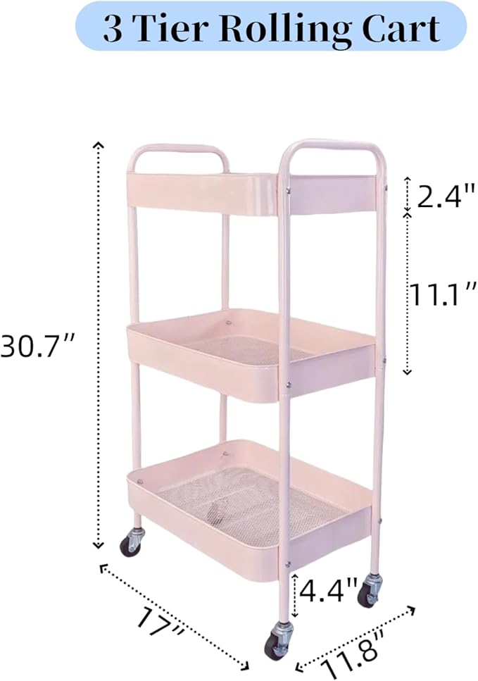 3 Tier Pink Rolling Cart for Nursery & Laundry Room with Handle & 4 Hooks, Metal Kitchen Storage Cart on Wheels and Lockable Casters, Large Capacity Sturdy Trolley for Lash Craft Bathroom