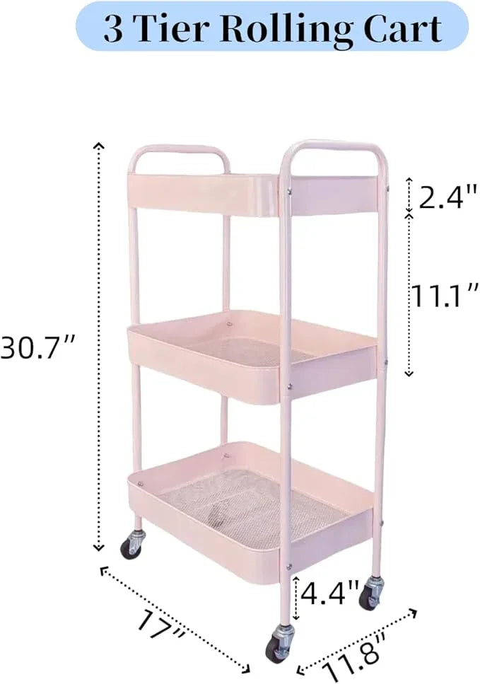 3 Tier Pink Rolling Cart for Nursery & Laundry Room with Handle & 4 Hooks, Metal Kitchen Storage Cart on Wheels and Lockable Casters, Large Capacity Sturdy Trolley for Lash Craft Bathroom - ModernBath