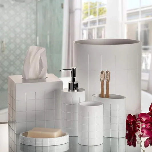 Creative Scents Polar White Bathroom Accessories Set with Trash Can - 6 Piece Bathroom Set Features: Waste Basket, Tissue Cover, Soap Dispenser, Toothbrush Holder, Tumbler and Soap Dish - ModernBath