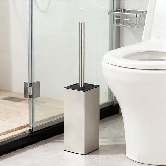 Toilet Brush and Holder Set, NEWRAIN Stainless Steel Toilet Brush with Long Brush Handle, Brushed Nickel Toilet Scrubber and Covered Holder, Square Design Sturdy and Space Saving, Covered Brush