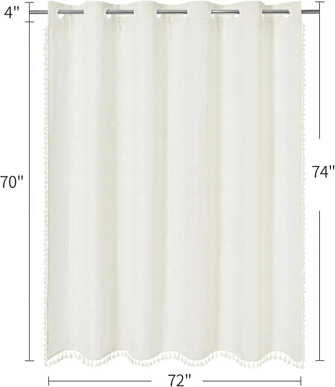 MitoVilla No Hooks Needed Boho Farmhouse Shower Curtain with Snap-in Liner, Cotton Linen Fabric Shower Curtains with Tassels for Rustic Neutral Bathroom Decor, Ivory, 72 x 74 - ModernBath