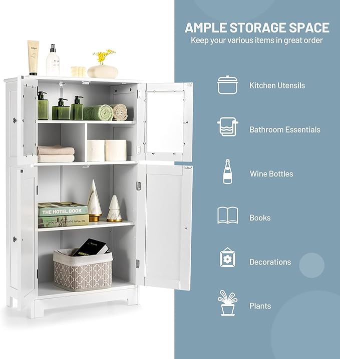 Tangkula Bathroom Floor Cabinet, Freestanding Storage Cabinet w/Glass Doors, Wood Kitchen Cupboard w/Adjustable Shelf, Bathroom Storage Cabinet for Hallway Living Room Office (Cabinets, White)