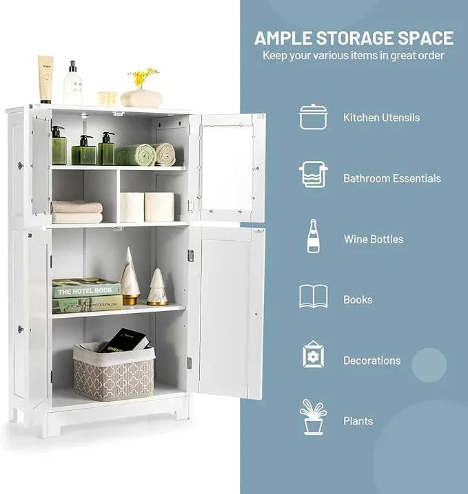 Tangkula Bathroom Floor Cabinet, Freestanding Storage Cabinet w/Glass Doors, Wood Kitchen Cupboard w/Adjustable Shelf, Bathroom Storage Cabinet for Hallway Living Room Office (Cabinets, White) - ModernBath