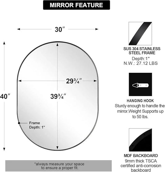 ANDY STAR Large Oval Black Bathroom Vanity Mirror, 30x40 Inch, Stainless Steel Metal Frame, Shatterproof Glass, Wall Mounted - ModernBath
