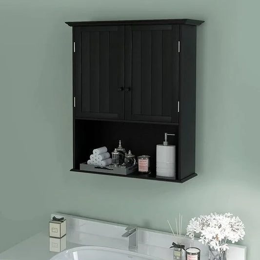 Tangkula Wall Mount Bathroom Cabinet Wooden Medicine Cabinet Storage Organizer with 2-Doors and 1-Shelf Cottage Collection Wall Cabinet (Black) - ModernBath