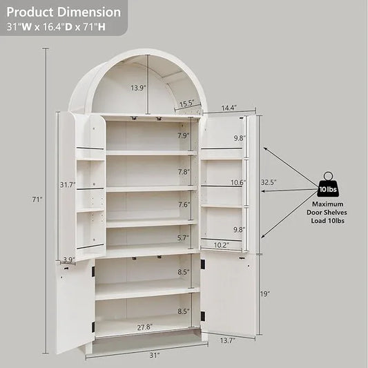 71" Tall Arched Bathroom Storage Cabinet, Modern Fluted Storage Cabinet w/Doors, 3 Adjustable Shelves, 6 Door Shelves, Wood Freestanding Cabinet for Bathroom, Entryway, Hallway, Antique White - ModernBath
