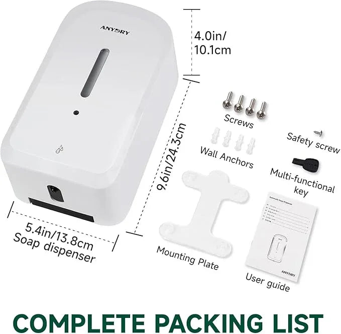 anydry Commercial Automatic Soap Dispenser Large 34oz/1000ml Capacity Wall-Mounted Touchless Liquid Dispenser for High-Traffic Restrooms, Offices, Hospitals Model AD1220S White - ModernBath