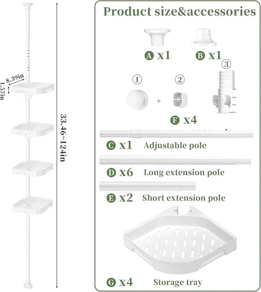 akinbas Tension Pole Shower Caddy Organizer with 4 Tier L-Shaped Rust Resistant Bathroom Corner Shelves with 34-124 Inch Adjustable No Drilling Quick Install Shower Rack for Bath Essentials (White) - ModernBath