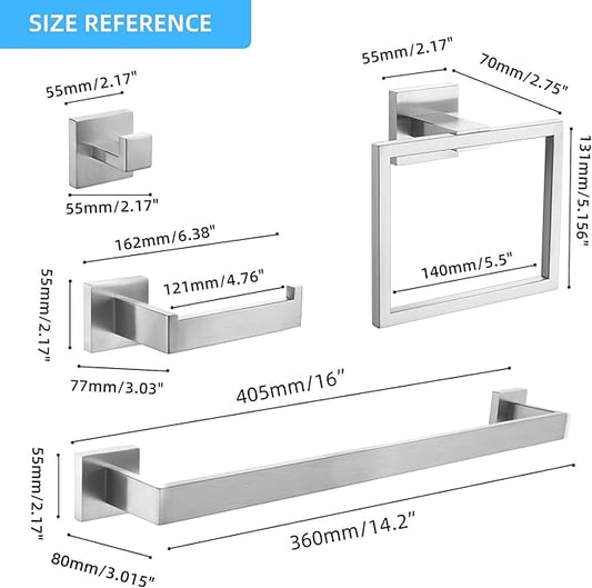 Bathroom Hardware Set Brushed Nickel,16 inch 5-Piece Towel Bar Wall Mount Modern Bathroom Accessories Include Towel Rack,Toilet Paper Holder,2*Robe Hook