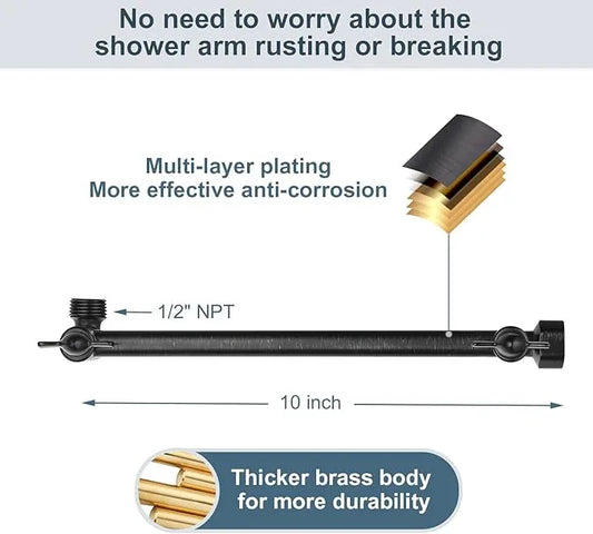 BRIGHT SHOWERS Brass Shower Head Extension Arm for Rain and Handheld Shower Head, 10 Inch Universal Shower Arm Extender, Height & Angle Adjustable, Oil-Rubbed Bronze - ModernBath