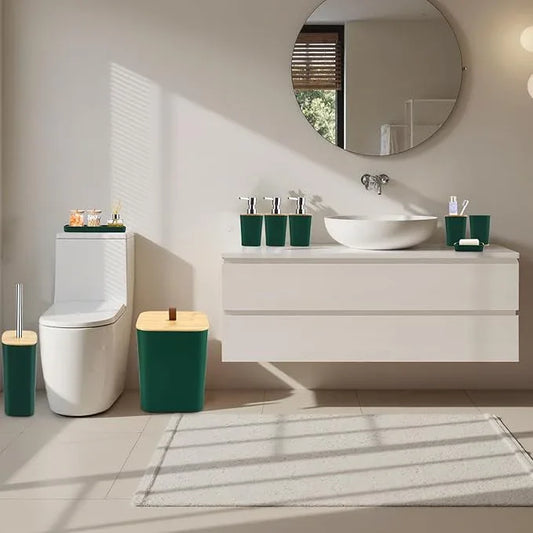 XLHOMO Dark Green Bathroom Accessories, Green Bathroom Accessories Set with Trash Can, Soap Dispenser, Toothbrush Holder, Toothbrush Cup, Soap Dish, Toilet Brush, Tray and Q-tip Holders - ModernBath