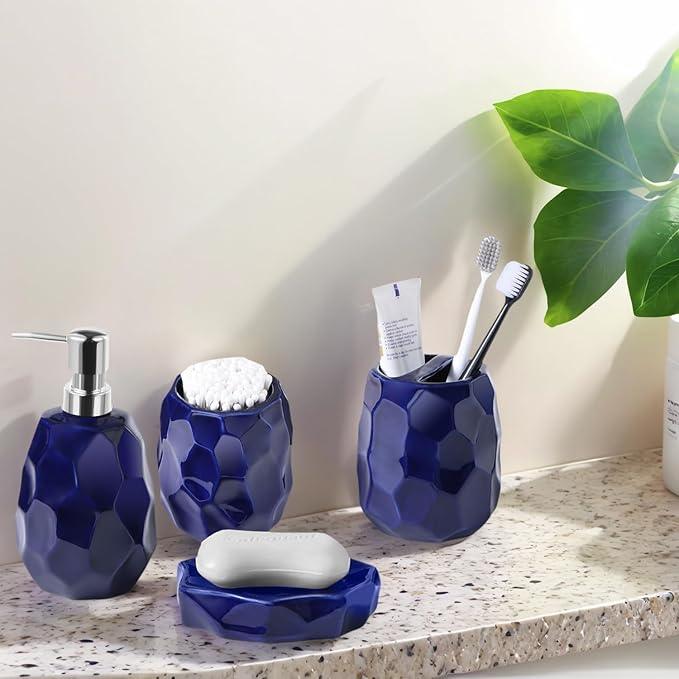 Ceramic Bathroom Accessories Set 4 PCS,Bathroom Toothbrush Holder Set,Soap and Toothbrush Holder Set,Include Toothbrush Holder,Soap Dispenser,Tumbler,Soap Dish,Bathroom Sets Decor Organizer(Navy Blue) - ModernBath