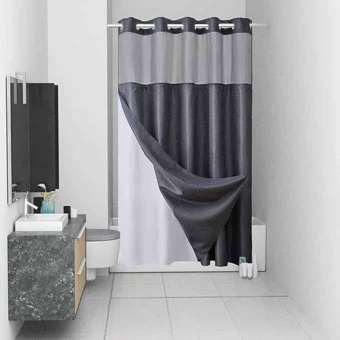Furlinic No Hook Waffle Weave Shower Curtain with Snap in Fabric Liner Set,Heavy Duty Textured Bathroom Curtain with See Through Window,Waterproof & Machine Washable,Dark Grey,54x80 Inch - ModernBath