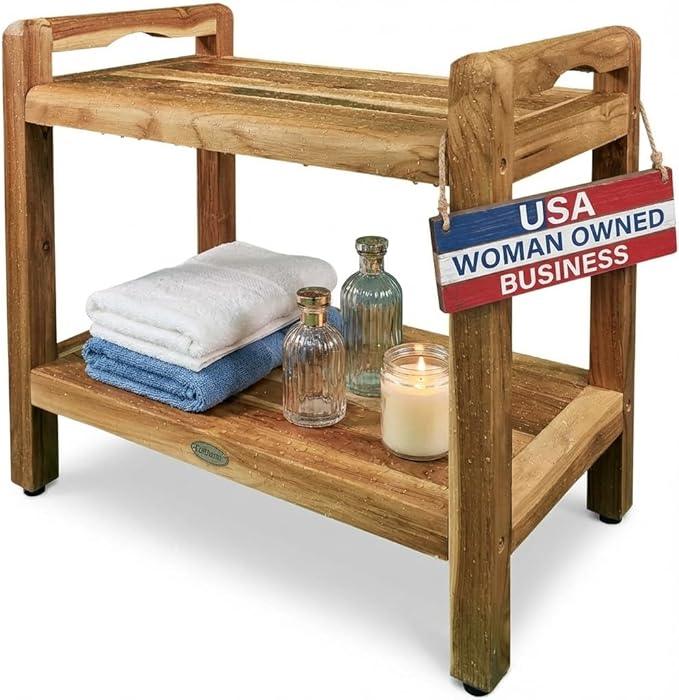EcoDecors Eleganto 24 Inch Natural Color Waterproof Teak Wood Shower Bench Stool Seat Chair For Inside Shower Provides Safety, Storage, and Organization For Bathroom Accessories - ModernBath