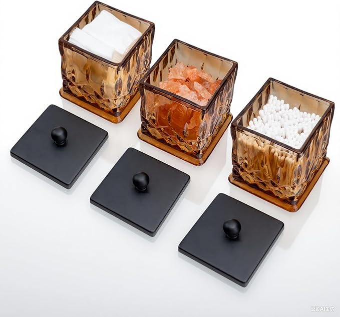 ZIVQEXMURL Qtip Holder,15Oz Amber Glass Apothecary Jars with Matte Black Lids for Bathroom Organization & Desk Storage,Thick Glass Apothecary Jars for Q-Tips,Cotton Rounds,Jewelry,Candy,Square