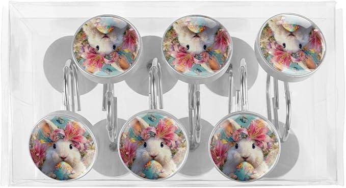 Easter Rabbit and Flowers Shower Curtain Hooks 12Pcs, Decorative Rust Resistant Shower Rings for Shower Curtain Rods, Stainless Steel Round Curtain Hooks for Bathroom, Bedroom, Farmhouse - ModernBath