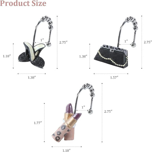 D DS CURTAIN Decorative Fashion Shower Hooks for Women, 12-Pack High-Heel Handbag Lipstick Design with Stainless Steel Rings, Rust-Proof for Bathroom Decor