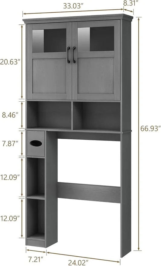 Over The Toilet Storage Cabinet With Double Doors & Paper Holder Stand, Freestanding Shelf Space Saver, Anti-Tip Design & Adjustable Shelf, Natural Grey - ModernBath