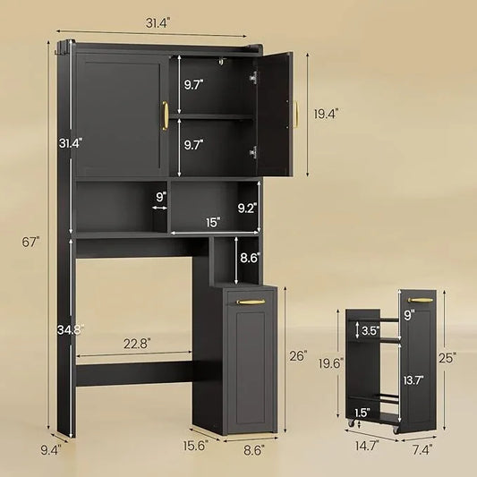 Over The Toilet Storage Cabinet with Pulley Small Bathroom Storage Cabinet, Space Saver W/Adjustable Shelf & Open Shelf for Bathroom, Restroom, Laundry (Black) - ModernBath