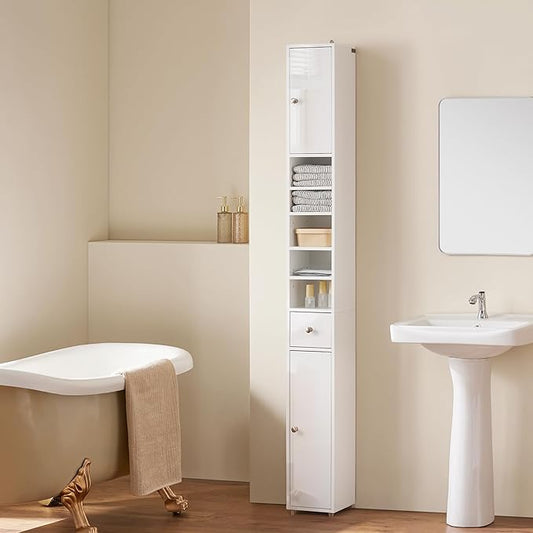 Haotian Bathroom Skinny Tall Storage Cabinet, Slim Stand Narrow Tower Cabinet with Adjustable Shelves for Small Spaces, White BZR167-GW