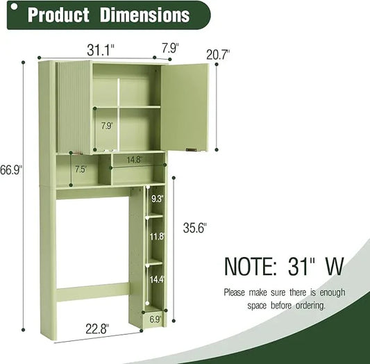 31" W Over The Toilet Storage Cabinet with Fluted Door, Green Bathroom Organizer with Adjustable Shelf, 67''H Tall Natural Toilet Paper Holder Stand Wave Door for Restroom, Laundry Room - ModernBath