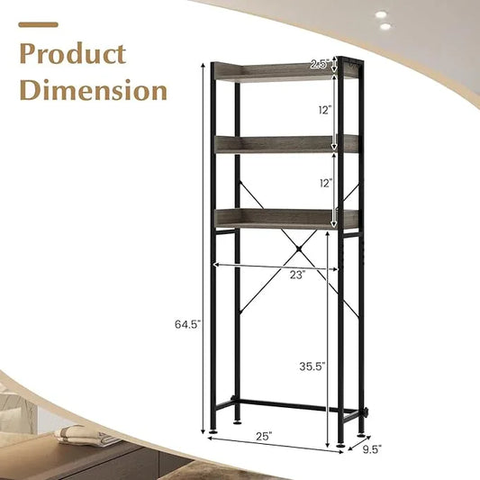 Tangkula Over The Toilet Storage, 3-Tier Toilet Rack Bathroom Space Saver with 4 Hooks & Adjustable Bottom Bar, Freestanding Bathroom Organizer Shelf Over Toilet for Restroom Balcony Laundry (Grey) - ModernBath