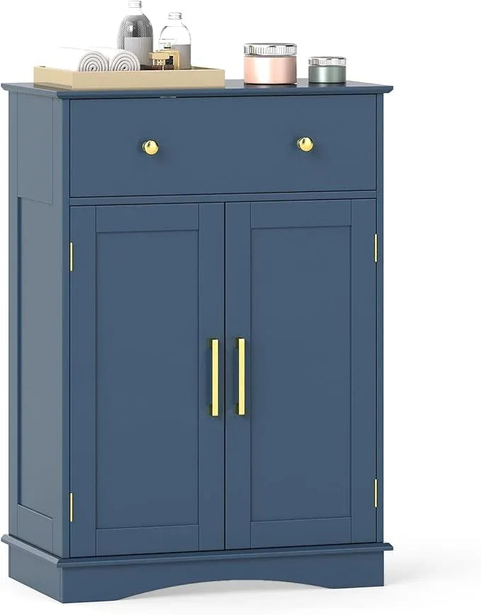 Tangkula Bathroom Floor Cabinet, Modern Freestanding Bathroom Storage Cabinet w/Large Pull-Out Drawer, 2 Doors, 3-Position Adjustable Shelf, Ideal for Living Room (Drawer & Cabinet, Navy Blue) - ModernBath