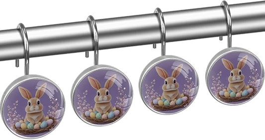 Elegant Purple and Easter Bunny Crystal Glass Shower Curtain Hooks for Bathroom Shower Rod, 12Pcs Round Home Decorative Shower Curtain Rings, Bathroom Bedroom Living Room Accessories