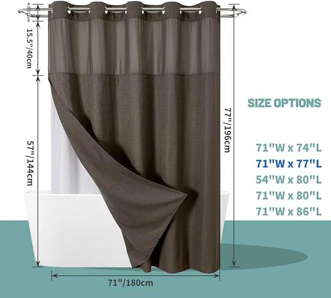 eachope Brown No Hook Waffle Weave Shower Curtain with snap-in Liner Replacement, 230GSM Waterproof Fabric Hotel Shower Curtain Set for Bathroom, Through Mesh Top Window,71Wx77H - ModernBath