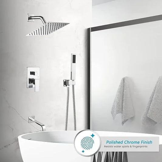 Heable Chrome Shower System Bathroom Shower Faucet Set with Tub Spout Wall Mounted 8 Inch Shower Head and Handle Set with Handheld 3 Function Tub and Shower Trim Kit with Rough-in Valve - ModernBath