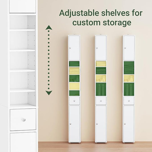 Haotian Narrow Bathroom Storage Cabinet, Tall Slim Cabinet with Adjustable Shelves and Doors, Floor Standing Cupboard for Small Spaces, Bathroom or Laundry Room Organizer, White BZR34-W
